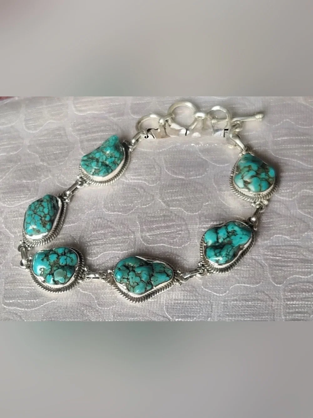 Blue Turquoise Cabachon Adjustable Bracelet Set In 925 Sterling Silver